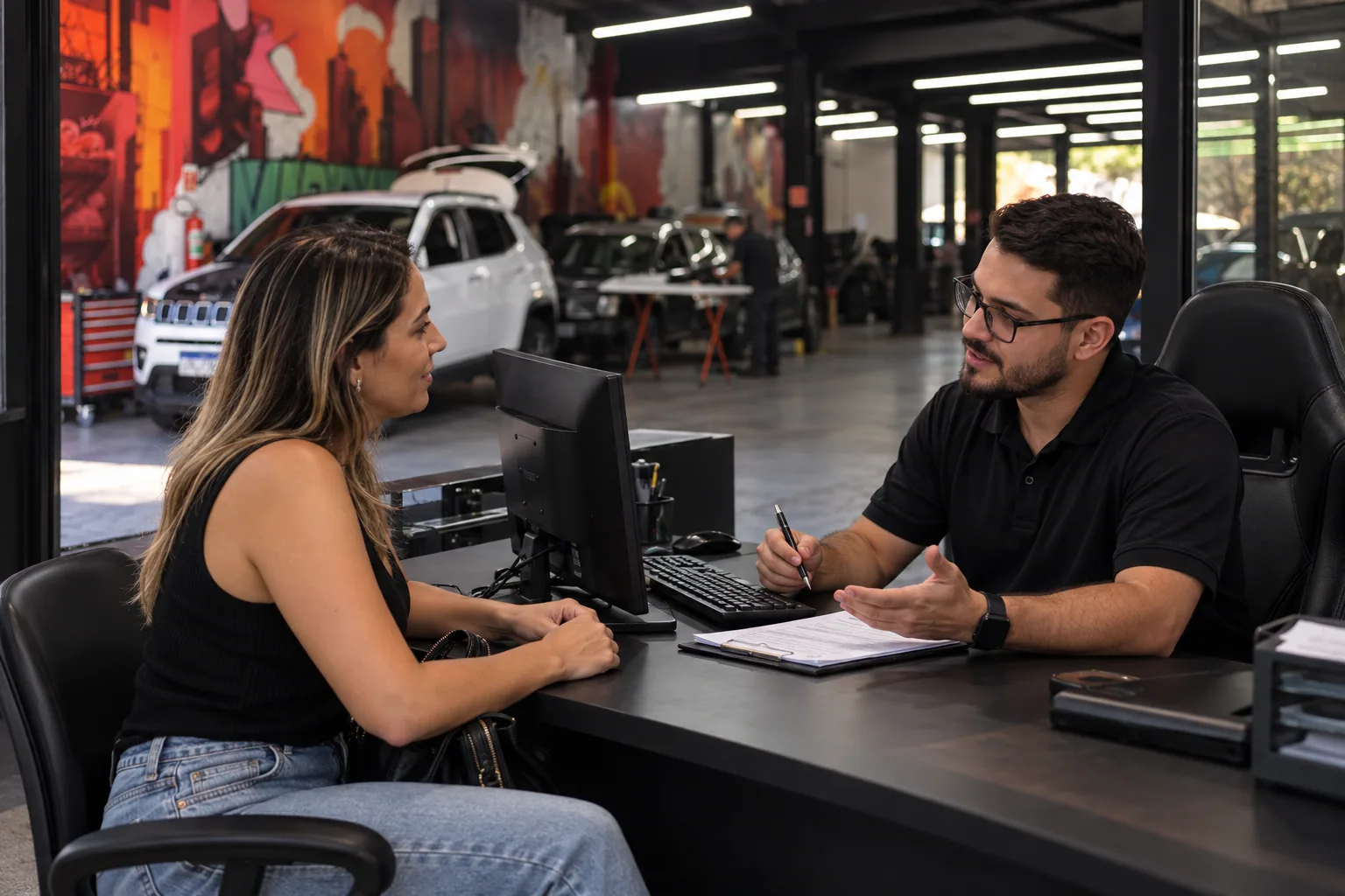 Cliente conversando com um funcionário administrativo diante do computador em uma oficina de funilaria